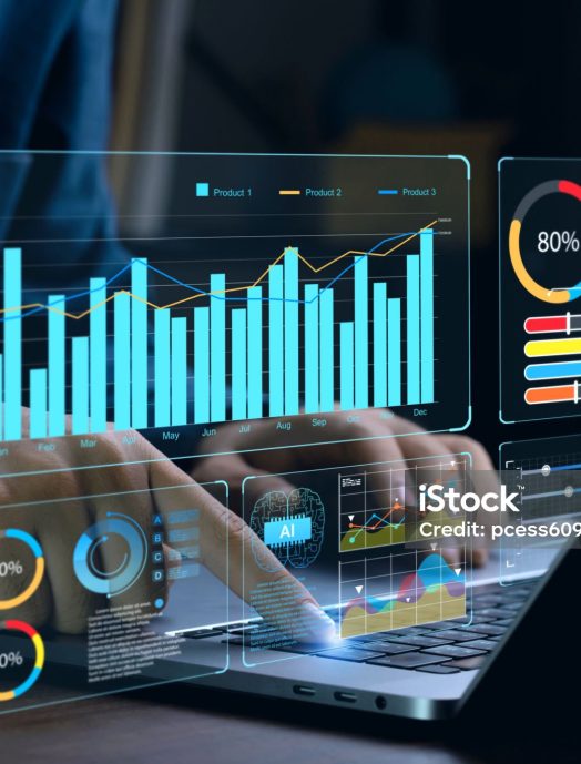 Businessman works on laptop Showing business analytics dashboard with charts, metrics, and KPI to analyze performance and create insight reports for operations management. Data analysis concept.Ai